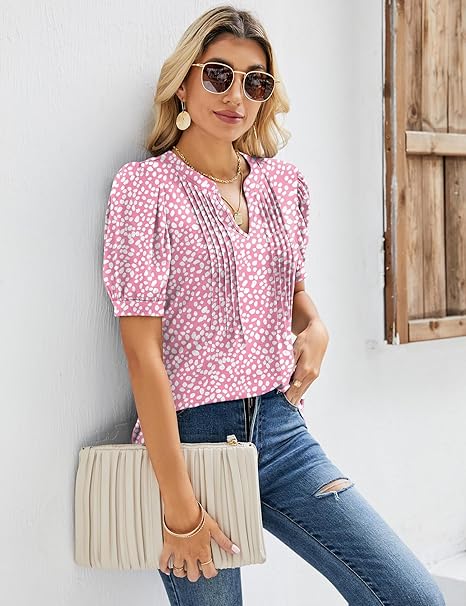 Womens V Neck Tops Puff Short Sleeve T-Shirt Pleated Floral Printed Tunic Blouse Shirts