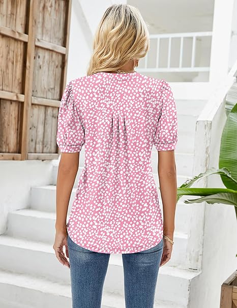 Womens V Neck Tops Puff Short Sleeve T-Shirt Pleated Floral Printed Tunic Blouse Shirts